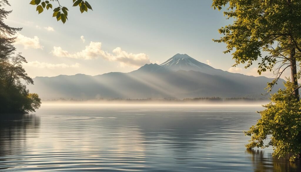 A serene, dreamlike landscape depicting the symbolism of water in subconscious realms. In the foreground, a tranquil lake reflects the hazy sky above, its surface rippling with gentle waves. Ethereal, wispy clouds drift across the scene, casting soft shadows on the water's edge. In the middle ground, lush, verdant foliage frames the lake, symbolizing the growth and renewal associated with water elements. Rays of warm, golden light filter through the leaves, creating a dreamlike, mystical atmosphere. In the distance, a towering, snow-capped mountain range looms, its peaks piercing the heavens, conveying the depth and profundity of the water's symbolic meaning. An aura of contemplation and introspection permeates the entire composition.