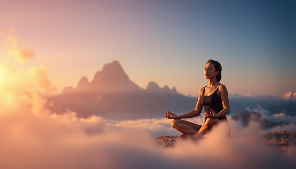A serene, dreamlike landscape fills the frame. In the foreground, a person sits cross-legged, their eyes closed in deep meditation. Warm, golden light filters through wispy, cloud-like formations, casting a soft glow on the figure. In the middle ground, towering mountains rise, their jagged peaks disappearing into the mist. The background is a vast, open sky, hues of blue and violet blending together. A sense of tranquility and transformation permeates the scene, as the meditating figure works to break free from the cycle of negative dream patterns.