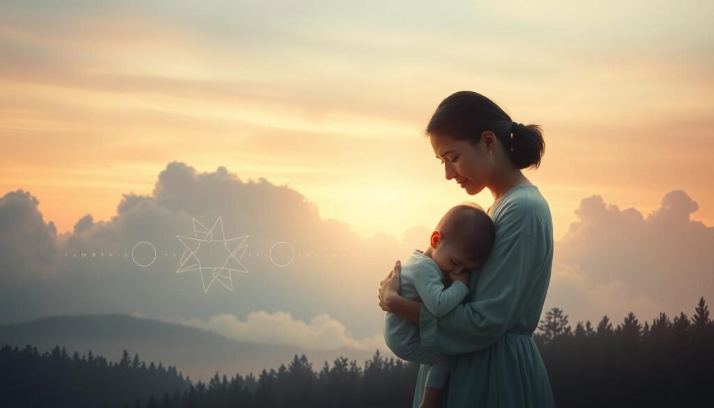 A serene, dreamlike landscape unfolds, where milk-like clouds drift across a pastel sky. In the foreground, a mother figure tenderly cradles a child, their faces illuminated by a warm, ethereal glow. Soft, muted tones evoke a sense of emotional nourishment and comfort. In the middle ground, abstract symbols and shapes represent the subconscious, the wellspring of our deepest feelings. The background features a hazy, impressionistic forest, hinting at the mysteries of the subconscious mind. The overall composition conveys a sense of tranquility, healing, and the profound connection between emotional sustenance and the world of dreams.