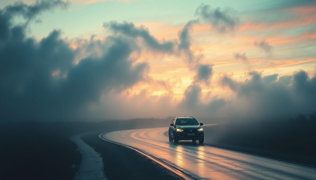 A serene, dreamlike landscape unfolds, with wispy clouds casting ethereal shadows across a winding, rain-slicked road. In the foreground, a solitary car navigates the path, its headlights piercing the mist. The sky, a kaleidoscope of pastel hues, suggests a sense of introspection and the subconscious at play. Subtle hints of symbolism, such as the car's movement representing the journey of the dreamer's life, and the weather conditions reflecting their emotional state, create a visually arresting and meaningful composition. Captured through a cinematic, wide-angle lens, the scene evokes a profound, introspective atmosphere, inviting the viewer to ponder the deeper meanings within the dream.