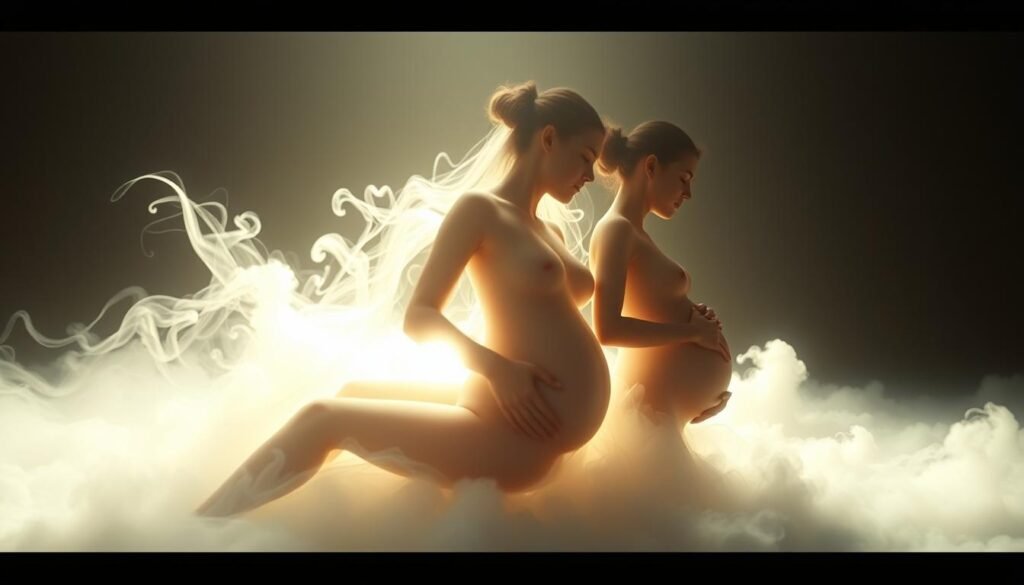A serene, dreamlike landscape where two pregnant figures float, their identities blurred into a single, unified form. Soft, ethereal lighting emanates from within, casting a warm, comforting glow. Wispy, cloud-like tendrils drift around them, symbolizing the ephemeral nature of the dream state. In the background, a mirror-like surface reflects their forms, creating a sense of duality and interconnectedness. The overall atmosphere is one of contemplation, introspection, and the profound mysteries of pregnancy and the subconscious.