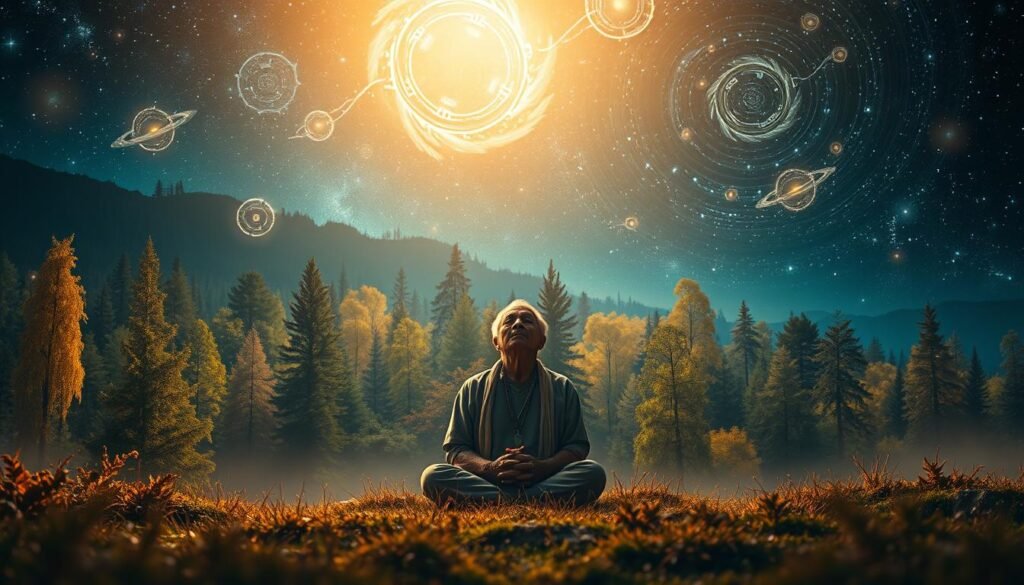 A serene, dreamlike landscape with a central figure representing the wisdom of Indigenous dream interpretation. In the foreground, a native elder sits cross-legged, their eyes closed in contemplation, surrounded by floating spirit symbols and glowing orbs. In the middle ground, a vibrant forest with towering trees and shimmering leaves, bathed in warm, diffused lighting. In the background, a starry night sky with swirling galaxies and celestial patterns, creating a sense of mysticism and interconnectedness. The overall mood is one of deep introspection, spiritual guidance, and the timeless knowledge of Indigenous peoples' connection to the dream world.