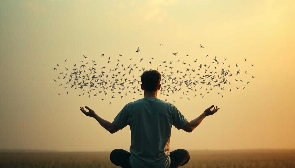 A serene, dreamlike landscape with a central figure symbolizing power and control. In the foreground, a person in a meditative pose, their hands outstretched, emanating an aura of tranquility and focus. In the middle ground, a swarm of ethereal, ghostly flies encircle the figure, representing the spiritual significance of these pests in dreams. The flies appear to be drawn towards the person, yet are held at bay by an unseen force field. The background features a hazy, pastel-tinted sky, suggesting a transcendent, otherworldly atmosphere. Soft, diffused lighting casts a warm, introspective glow on the entire scene. A sense of balance, clarity, and inner strength permeates the composition.