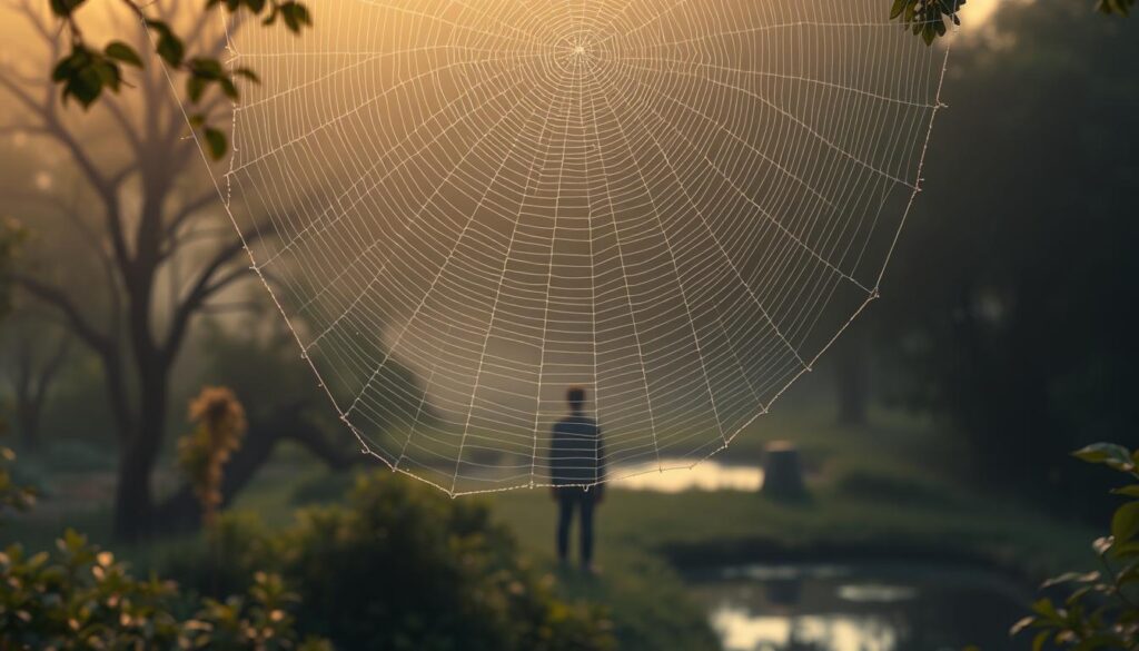 A serene, dreamlike landscape with a giant spider web suspended in the foreground, glimmering with morning dew. In the middle ground, a solitary figure, facing inward, appears to be deep in contemplation, surrounded by lush foliage and a hint of a tranquil pond. The background is bathed in a warm, golden light, creating a sense of introspection and personal growth. The composition is balanced, with the spider web drawing the eye towards the central figure, symbolizing the transformative nature of personal development. Soft, diffused lighting and a muted color palette evoke a sense of introspection and growth.