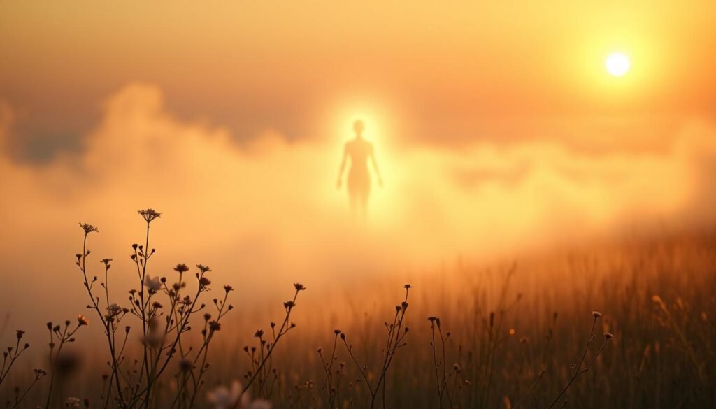 A serene, dreamlike landscape with a glowing, ethereal figure emerging from the mist. Soft, warm lighting bathes the scene, creating an aura of tranquility and healing. In the foreground, delicate flowers and plants sway gently, symbolizing the process of grief and transformation. The middle ground features a misty, atmospheric realm, suggesting the transient nature of earthly existence. In the background, a distant horizon with a hint of a golden sun, conveying a sense of hope and spiritual awakening. The overall composition evokes a profound, meditative experience, inviting the viewer to embark on a journey of spiritual healing and dream-inspired catharsis.