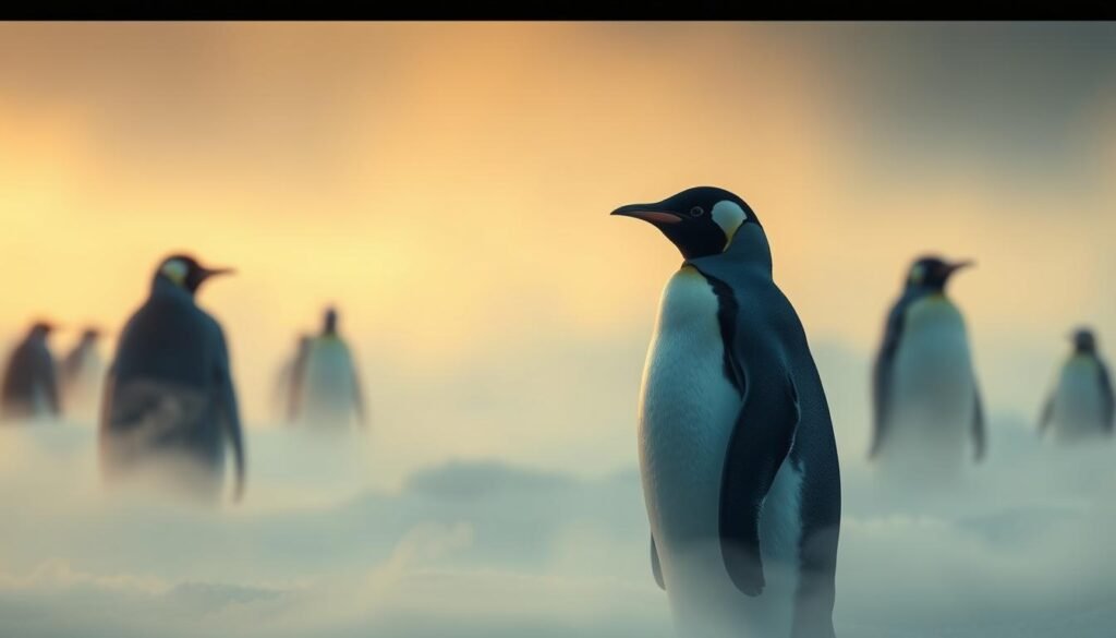 A serene, dreamlike landscape with a lone penguin standing amidst a swirling mist. The penguin's head is tilted slightly, its eyes reflecting a contemplative, introspective gaze. Soft, diffused lighting casts a warm, ethereal glow, creating a sense of emotional balance and tranquility. In the background, ghostly silhouettes of other penguins emerge from the mist, symbolizing the penguin's connection to its community. The composition is centered, with the penguin occupying the focal point, conveying a sense of solitude and self-reflection. The scene is captured with a medium-wide lens, allowing the viewer to fully immerse themselves in the emotional symbolism of the penguin's presence in this dreamscape.