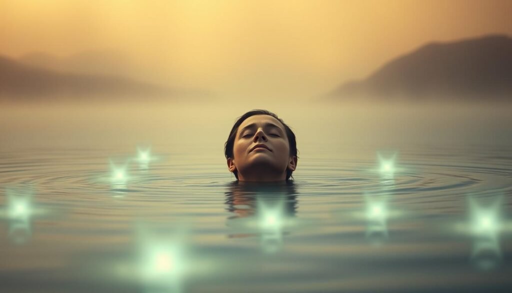 A serene, dreamlike landscape with a person peacefully floating in a tranquil body of water, surrounded by ethereal, spiritual elements. The person's face is serene, eyes closed, as if in deep meditation. In the foreground, glowing, translucent energy currents or spirit guides emanate from the water, guiding and supporting the individual. The background features a hazy, atmospheric sky with soft, diffused lighting, creating a sense of otherworldliness. Muted, earthy tones predominate, conveying a sense of grounded, introspective spirituality. Overall, the scene evokes a profound, transformative experience of the subconscious, where the boundaries between the physical and the metaphysical dissolve.