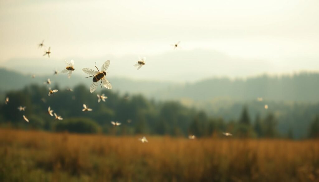 A serene, dreamlike landscape with a shimmering, ethereal quality. In the foreground, a cluster of translucent, spectral flies gently hover and drift, their wings casting a delicate, ephemeral shadow. The middle ground features a tranquil forest, the trees bathed in a warm, diffuse light that creates a sense of timelessness. In the distance, a misty, indistinct horizon, suggesting a realm beyond the physical world. The overall atmosphere is one of contemplation and spiritual connection, hinting at the deeper significance of the recurring fly motif.