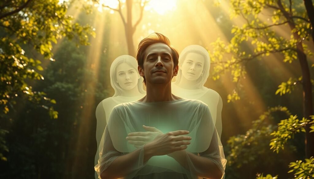 A serene, dreamlike landscape with a warm, golden glow. In the foreground, a person is embraced by the transparent, ethereal forms of their deceased loved ones, their faces filled with a sense of peace and healing. The background features a lush, verdant forest with dancing rays of light filtering through the canopy, creating an atmosphere of tranquility and spiritual connection. The lighting is soft and diffused, adding to the sense of a healing, mystical experience. The overall tone is one of comfort, closure, and the restorative power of the subconscious mind.