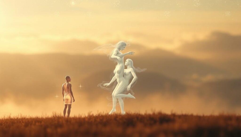 A serene, dreamlike landscape with ethereal figures representing the connection between dream guidance and soul purpose. In the foreground, a glowing, translucent human form stands in contemplation, their body emanating a soft, radiant aura. In the middle ground, wispy, ghostly figures merge and intertwine, symbolizing the interplay between the subconscious and the higher self. The background features a hazy, celestial realm with shimmering stars and celestial bodies, hinting at the cosmic and spiritual dimensions of this connection. The overall mood is one of tranquility, introspection, and a sense of profound, mystical unity. Warm, diffused lighting casts a gentle, otherworldly glow over the scene, while a shallow depth of field keeps the focus on the central figures. This image aims to capture the essence of the relationship between dreams and one's soul purpose.