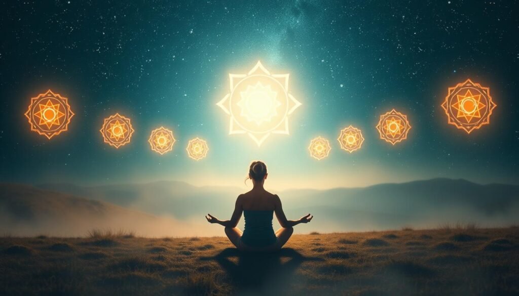 A serene, dreamlike landscape with glowing chakra symbols floating in the air, representing spiritual growth and inner awakening. In the foreground, a person sits in a meditative pose, their aura radiating a soft, ethereal light. The background features a starry night sky, swirling with cosmic energy, and a distant, hazy silhouette of a pair of discarded shoes, symbolizing the shedding of earthly attachments. Soft, warm lighting illuminates the scene, creating a sense of tranquility and introspection. The overall atmosphere conveys a profound connection between the physical and the spiritual realms.