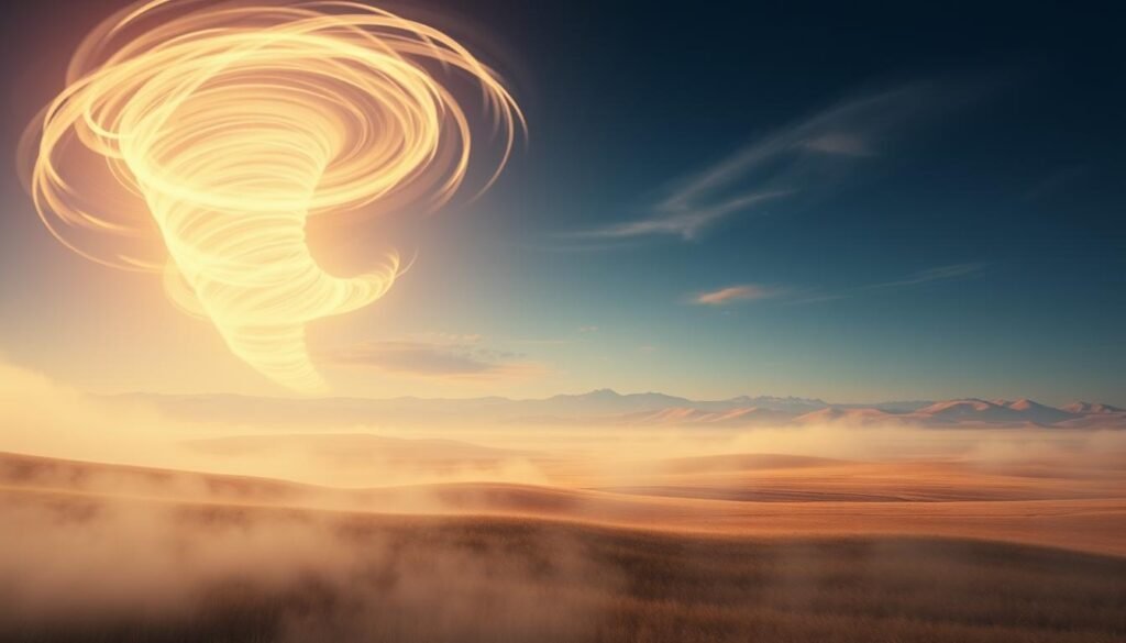 A serene, dreamlike landscape with swirling tornado-like energy emanating from the center. In the foreground, ethereal wisps of mist and light dance, hinting at a spiritual presence. The middle ground features a vast, open expanse with subtle, undulating hills, evoking a sense of boundless potential. In the background, a deep, indigo sky tinged with hints of purple and gold, conveying a sense of cosmic mystery. The overall atmosphere is one of introspection, transformation, and the interconnectedness of the physical and metaphysical realms. Captured with a wide-angle lens and warm, diffused lighting that bathes the scene in a soft, glowing radiance.