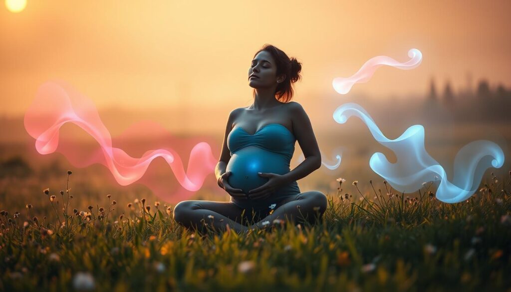 A serene, dreamlike scene depicting a pregnant person in a tranquil meadow, surrounded by ethereal, glowing silhouettes representing their unborn child's gender. Warm, diffused lighting casts a soft, hazy glow, creating an intimate, introspective atmosphere. The figure sits cross-legged, eyes closed, hands resting on their belly, emanating a sense of meditative focus as they visualize the gender of their baby. Wispy, translucent forms in shades of pink and blue drift and intermingle around the central figure, suggesting the anticipation and wonder of this special moment. Delicate wildflowers and lush, verdant foliage frame the scene, adding to the serene, natural ambiance.