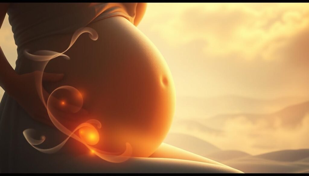 A serene, dreamlike scene depicting the hormonal influence on a pregnant woman's dreams. In the foreground, a softly glowing pregnant belly, ethereal and radiant, casting a gentle light across the composition. Swirling, translucent forms representing the ebb and flow of hormones surround the belly, creating an aura of mysticism. In the middle ground, the pregnant woman's face, eyes closed, lost in a peaceful, REM-filled slumber, her expression one of tranquility. The background is a hazy, pastel-colored landscape, with wispy clouds drifting lazily overhead, conveying a sense of timelessness and the subconscious realm. Warm, diffused lighting bathes the entire scene, evoking a soothing, meditative atmosphere.