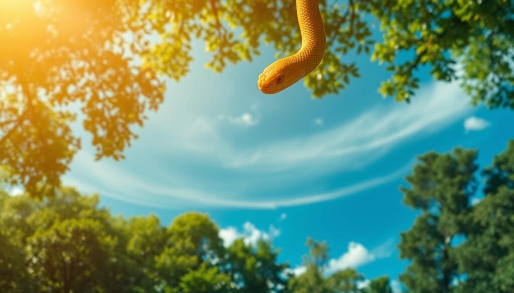 A serene, dreamlike scene featuring a striking yellow snake coiled in the center of the frame. The snake's scales glimmer softly in the warm, gentle lighting, conveying a sense of tranquility and spiritual introspection. In the background, a lush, verdant forest canopy creates a soothing, natural atmosphere, while wispy clouds float across a vibrant, azure sky. The overall composition evokes a deep, meditative exploration of the snake's symbolic significance in the realm of dreams and the subconscious.