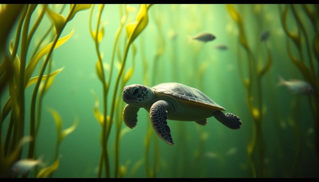A serene, dreamlike scene of a baby sea turtle swimming peacefully in a lush, underwater oasis. Soft, diffused lighting filters through the clear, gently swaying seaweed, casting a warm, protective glow. The tiny turtle's shell reflects the light, symbolizing its vulnerability and the need for nurturing care. In the background, a school of smaller fish dart about, suggesting the cycle of life and the turtle's role as a resilient survivor. The overall atmosphere conveys a sense of tranquility, growth, and the delicate balance between strength and fragility.