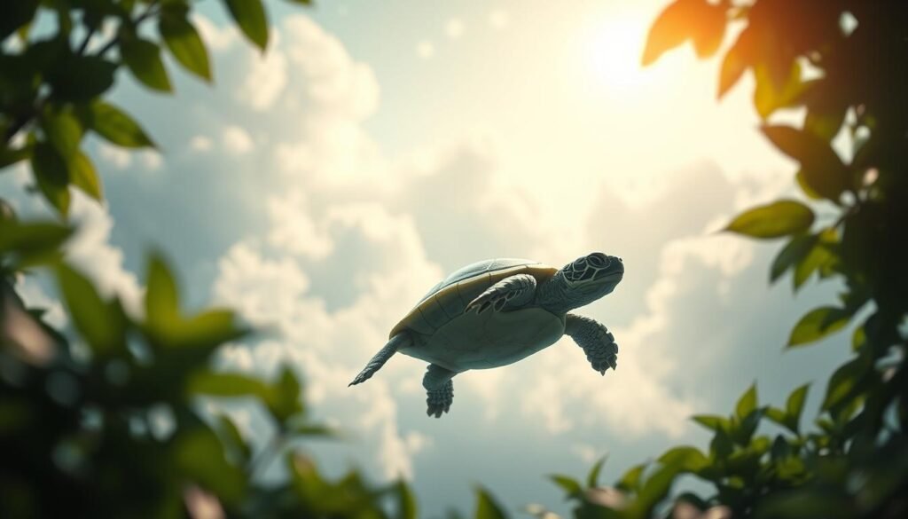 A serene, dreamlike scene of a baby turtle floating amongst wispy clouds and glowing orbs. The turtle's shell reflects the ethereal light, its eyes closed in a state of peaceful contemplation. Lush, verdant foliage frames the tranquil tableau, evoking a sense of patience and harmony with the natural world. Soft, diffused lighting bathes the scene in a warm, calming glow, while the camera angle gently tilts upward, creating a sense of wonder and introspection. This image embodies the symbolic message of the baby turtle as a messenger of patience, timely growth, and spiritual enlightenment.