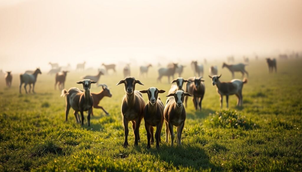 A serene, dreamlike scene of a community of goats gathered in a lush, verdant meadow. In the foreground, a small herd of goats stand together, their eyes reflecting a sense of shared purpose and connection. The middle ground reveals a larger group of goats, some grazing peacefully, others playfully interacting with one another. In the soft, hazy background, the silhouettes of more goats can be seen, creating a sense of depth and a larger, interconnected social dynamic. The lighting is diffused and warm, casting a gentle, ethereal glow over the scene, evoking a feeling of tranquility and collective well-being. The composition is balanced and harmonious, capturing the essence of the "Multiple Goats: Community and Social Dynamics" concept.