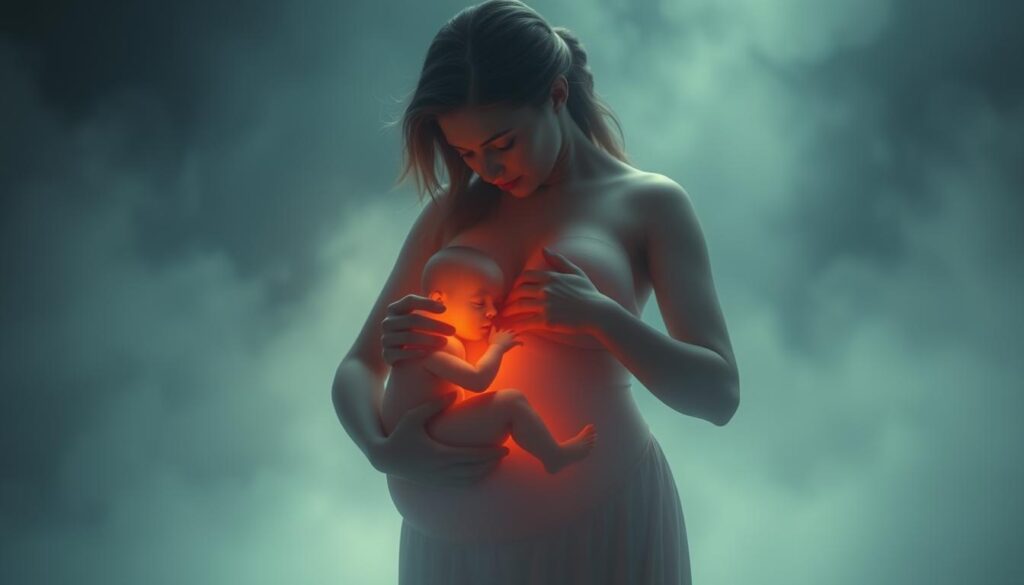 A serene, dreamlike scene of a mother cradling her unborn child, their forms ethereal and enveloped in a soft, warm glow. The mother's figure is rendered with a sense of tenderness and intuition, her eyes closed as she intuits the connection between her own maternal instincts and the life within. The background is hazy and indistinct, allowing the emotional bond between mother and child to take center stage. The image conveys a sense of profound, intimate understanding, a visual meditation on the deep, primal link between a mother and her unborn offspring.