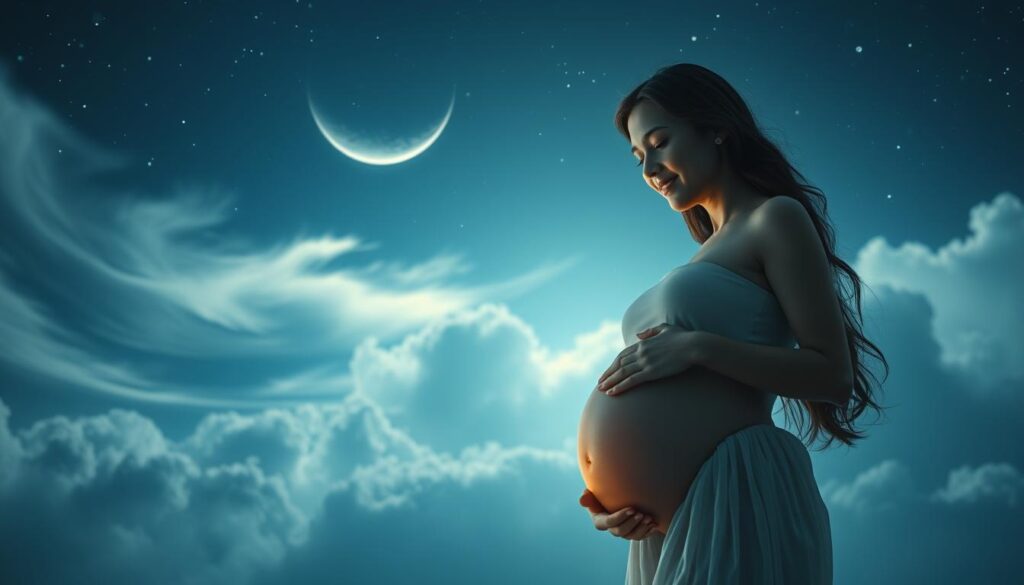 A serene, dreamlike scene of a pregnant woman floating in a starry night sky. In the foreground, she gazes peacefully at her glowing belly, her expression one of wonder and contemplation. The middle ground features wispy clouds and a crescent moon, casting a soft, ethereal glow. In the distant background, a constellation of stars twinkle, suggesting the cosmic significance of this transitional phase. The lighting is soft and diffused, creating a sense of tranquility and introspection. The camera angle is slightly elevated, giving the viewer a sense of observing this intimate moment from above. The overall mood is one of introspection, reflection, and the mystical experience of pregnancy.