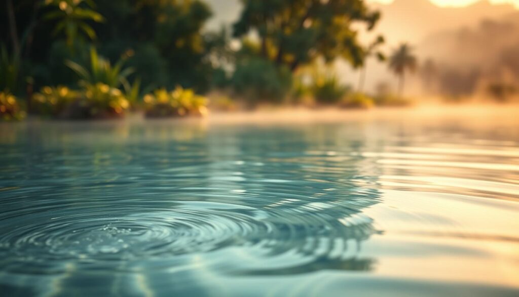 A serene, dreamlike scene of a water-filled landscape. In the foreground, a peaceful pool of crystal-clear water reflects the sky and surrounding foliage. Swirling currents and gentle ripples create a mesmerizing, hypnotic effect. In the middle ground, lush, verdant plants and trees sway gently in a soft breeze. The background blurs into a hazy, ethereal mist, creating a sense of depth and mystery. Warm, diffused lighting bathes the entire scene in a soothing, tranquil glow, evoking a feeling of calm introspection and emotional overflow. This image represents the subconscious power and symbolic resonance of dreams involving water, overflowing with hidden meanings and spiritual significance.