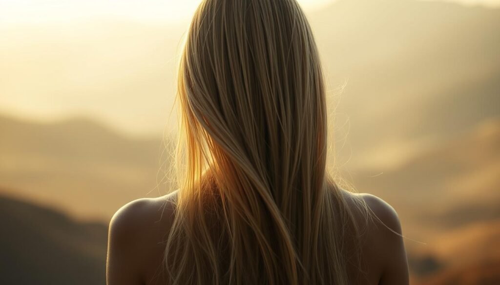 A serene, dreamlike scene of a woman's long, flowing hair cascading down her back as she stands facing the camera, her gaze intense and introspective. The hair appears to have a shimmering, ethereal quality, as if imbued with a spiritual energy. The lighting is soft and diffused, creating a warm, meditative atmosphere. The background is a hazy, abstract landscape, suggesting a sense of tranquility and inner reflection. The overall composition conveys a powerful connection between the woman's hair and her spiritual self-awareness.