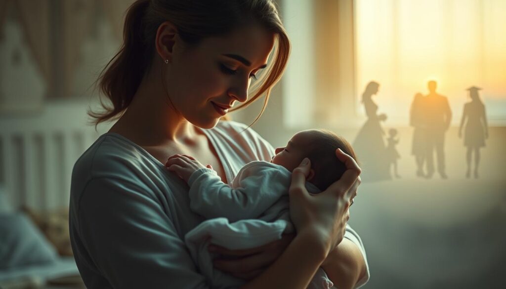A serene, dreamlike scene of a young woman cradling a newborn baby girl in her arms, surrounded by symbolic elements representing key life events. Soft, warm lighting illuminates the intimate moment, creating a sense of tender connection and wonder. In the background, ethereal silhouettes of a family, a wedding, a graduation, and other significant milestones gently fade into the distance, suggesting the ebb and flow of life's journey. The palette is muted and soothing, conveying the contemplative nature of dream interpretation and the profound impact of life experiences on our subconscious.