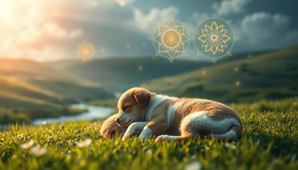 A serene, dreamlike scene of injured puppies resting in a tranquil meadow, surrounded by glowing healing symbols and soothing energy. In the foreground, two puppies lie curled up, their wounds bandaged tenderly. Ethereal light filters through wispy clouds, casting a warm, comforting glow. In the middle ground, delicate floral motifs and glyphs float in the air, radiating a sense of protection and restoration. The background features a lush, verdant landscape, with a soothing stream and gentle hills, evoking a peaceful, nurturing environment. The overall mood is one of healing, vulnerability, and new beginnings.
