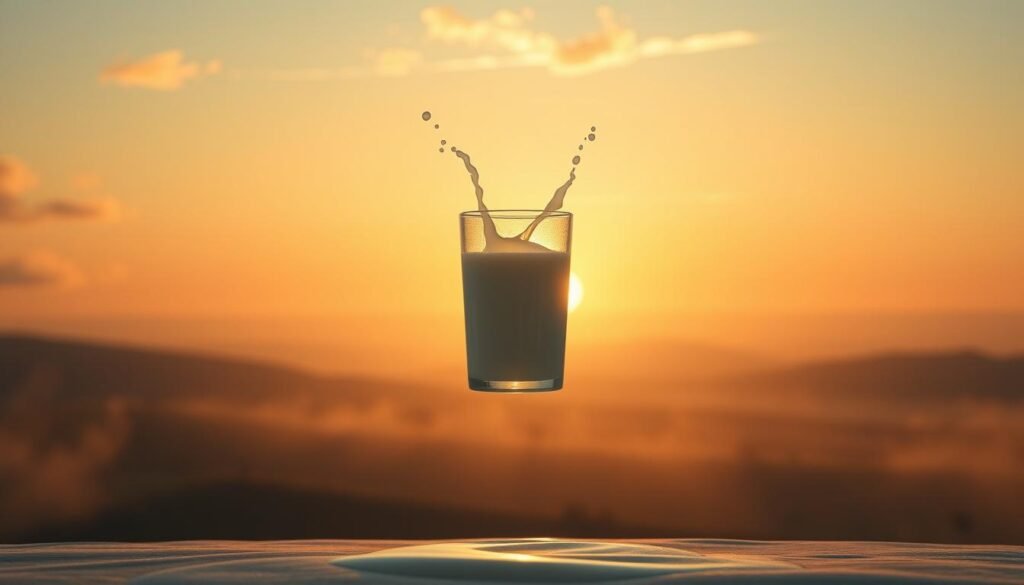 A serene, dreamlike scene unfolds, bathed in the warm glow of a setting sun. In the foreground, a glass of milk levitates, surrounded by shimmering milk droplets that seem to dance in the air. Behind it, a hazy landscape emerges, with rolling hills and a distant horizon line. Wispy clouds drift overhead, casting soft shadows that play across the scene. The overall atmosphere is one of tranquility and introspection, inviting the viewer to ponder the symbolic significance of the milk, a universal symbol of nourishment and comfort. The image is rendered with a soft, painterly aesthetic, blending realism and surrealism to capture the essence of a milk-inspired dream.