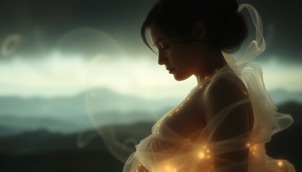 A serene, dreamlike visualization of a pregnant woman's inner world. In the foreground, a glowing, ethereal figure surrounded by swirling, translucent wisps and gentle, muted colors. The figure's eyes are closed, their expression one of deep contemplation and inner focus. In the middle ground, a subtle, abstract landscape with soft, diffused light and hints of organic forms. The background is hazy, with a sense of depth and mystery, conveying the subconscious and the unknown. The overall mood is introspective, calming, and evocative of the psychological and emotional aspects of pregnancy dreams.