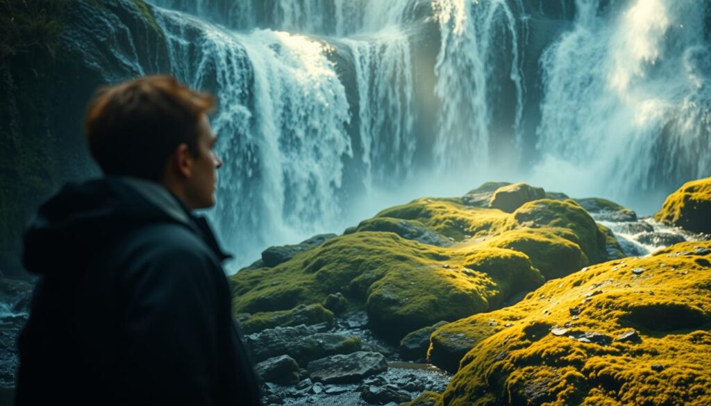 A serene, dreamlike waterfall cascades over moss-covered rocks, its flowing waters shimmering in the soft, diffused light. In the foreground, a person stands transfixed, their face reflecting the wonder and introspection of the moment. The waterfall's powerful yet soothing presence evokes a sense of inner peace and connection with the natural world. Wisps of mist curl around the figure, creating an ethereal, almost otherworldly atmosphere. The scene invites the viewer to pause and ponder the deeper meaning and symbolism of this vivid, transformative dream.