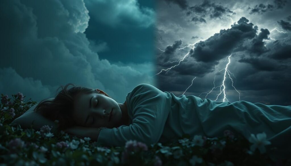 A serene dreamscape divided into two realms - the peaceful, symbolic dream world and the turbulent, trauma-induced nightmare. In the foreground, a sleeping figure rests calmly, their features obscured, surrounded by soft, diffused lighting and ethereal flora. In the background, a volatile storm brews, with dark clouds, lightning, and a sense of unease. The contrast between the tranquil and the unsettling creates a visually striking representation of the distinct nature of these dream experiences. Captured through a cinematic, wide-angle lens, the scene conveys the intricate workings of the subconscious and the delicate balance between the restorative and the troubling aspects of the dream state.