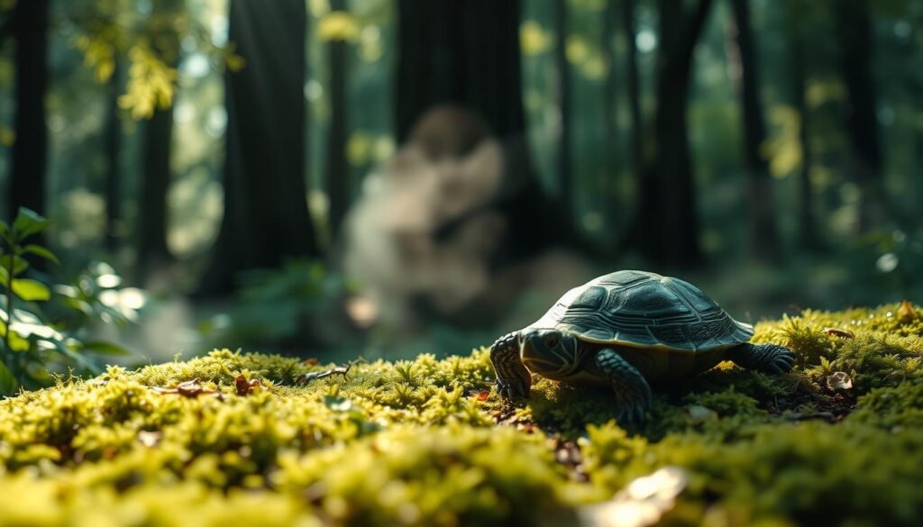 A serene dreamscape featuring a baby turtle resting on a mossy forest floor, surrounded by lush foliage and soft, diffused natural lighting. The turtle's shell reflects the dappled sunlight filtering through the canopy above, symbolizing the protective nature and inner wisdom associated with this creature. In the background, ethereal wisps of mist drift between the towering tree trunks, creating an atmosphere of tranquility and introspection. The overall composition conveys a sense of balance, growth, and the interconnectedness of all living things, as embodied by the baby turtle's presence in this enchanted woodland setting.