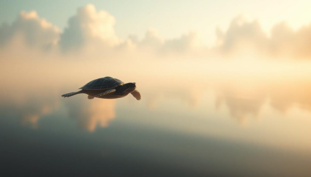 A serene dreamscape featuring a baby turtle swimming through a surreal, ethereal landscape. The foreground depicts the tiny turtle, its shell reflecting the soft, diffused light that illuminates the scene. The middle ground features a calming, mist-filled pond or lake, its surface like a mirror reflecting the tranquil environment. The background is a hazy, dreamlike realm with floating clouds, subtle color gradients, and a sense of tranquility. The overall mood is one of peace, wonder, and the exploration of the subconscious. Soft, warm lighting enhances the dreamlike quality, and a slightly blurred, impressionistic style captures the essence of the vision.