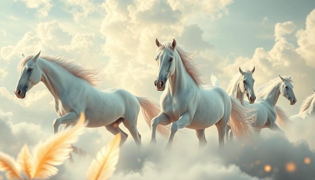 A serene dreamscape filled with angelic symbolism. Ethereal white horses gracefully gallop against a backdrop of wispy clouds and shimmering celestial light. Their manes flow like ethereal halos, hinting at divine guidance. In the foreground, glowing feathers and golden accents hint at the presence of angelic beings, their forms shrouded in an otherworldly glow. The composition is balanced, with a sense of harmony and tranquility pervading the scene. Soft, diffused lighting casts a heavenly atmosphere, evoking a sense of spiritual wonder and divine revelation. This image captures the essence of angelic associations with white horses in dreams, a vision of the transcendent and the eternal.