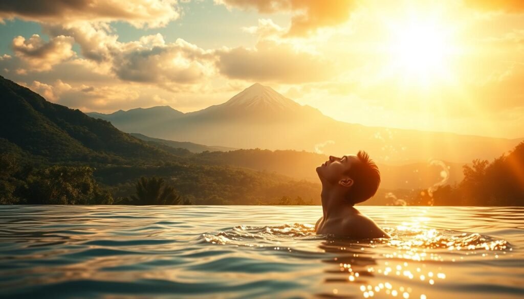 A serene dreamscape illuminated by a warm, golden light. In the foreground, a figure emerges from a shimmering pool, their face uplifted in a state of transcendent wonder. Surrounding them, wisps of ethereal energy swirl and dance, representing the flow of spiritual insight gained through the subconscious mind. In the middle ground, a lush, verdant landscape unfolds, symbolizing the fertile ground for personal growth. In the distance, a towering mountain range stands as a majestic backdrop, conveying a sense of the grandeur and mystery of the spiritual realm. The overall atmosphere is one of tranquility, balance, and the transformative power of the dream experience.