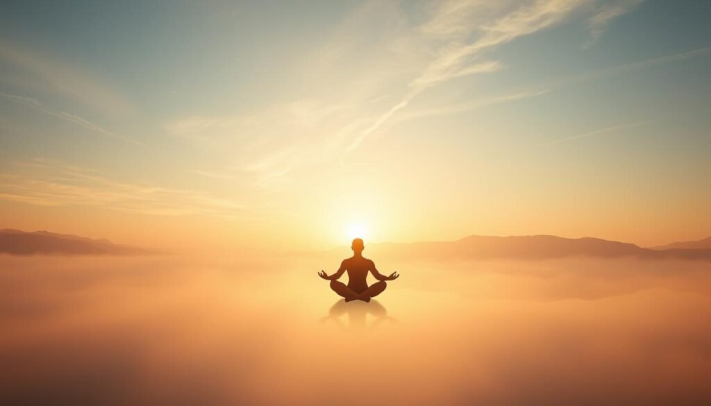 A serene dreamscape unfolds, bathed in warm, ethereal light. In the foreground, a figure floats peacefully, eyes closed, immersed in deep meditation. Translucent wisps of energy swirl around them, guiding their spiritual awakening. In the middle ground, layers of mist part to reveal a vast, still lake, its surface mirroring the celestial sky above. Distant mountains, their peaks kissed by the golden glow of the setting sun, form the tranquil backdrop. The overall atmosphere is one of profound calm and introspection, inviting the viewer to explore the depths of their own subconscious.