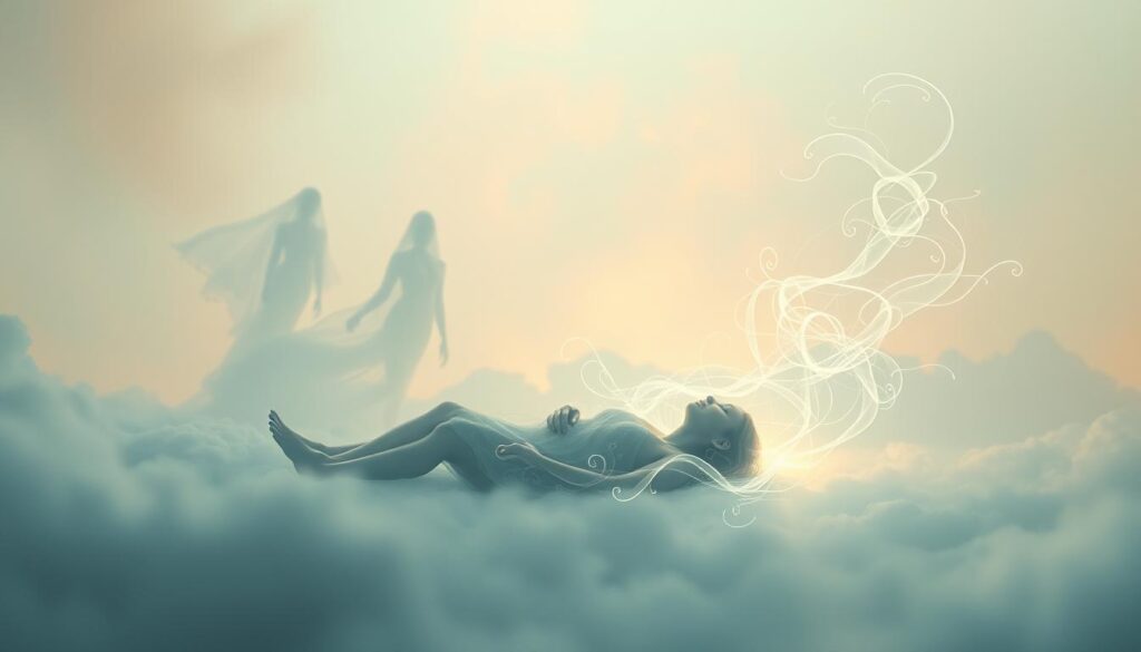 A serene dreamscape unfolds, enveloped in a soft, ethereal glow. In the foreground, a figure rests peacefully, their form blending seamlessly with the surrounding energy. Wispy tendrils of light emanate from their being, intertwining and cascading across the tranquil landscape. In the middle ground, ghostly apparitions emerge, their incorporeal forms offering a comforting presence. The background is a hazy, pastel-tinted expanse, hinting at the realms beyond the physical world. The overall atmosphere conveys a sense of healing, closure, and the profound connection between the conscious and subconscious realms.