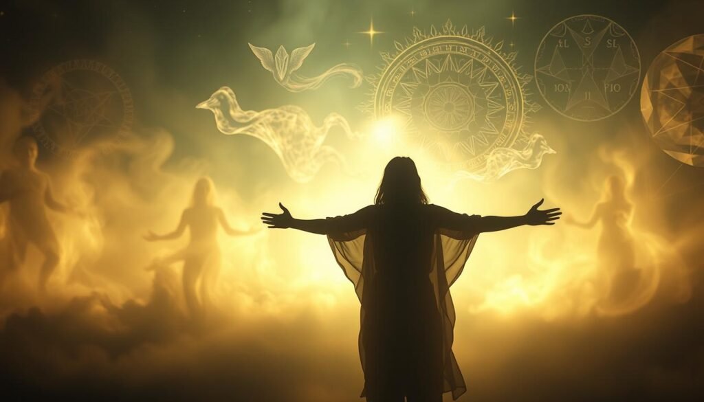 A serene dreamscape unfolds, illuminated by a soft, ethereal glow. In the foreground, a figure stands with arms outstretched, their silhouette merging with the hazy, translucent forms of spiritual entities. Wispy tendrils of energy emanate from the figure, intertwining with the dreamlike abstractions that fill the middle ground. In the background, a kaleidoscope of symbols and arcane patterns swirls, hinting at the mystical realms explored through this spiritual dream walking practice. The scene conveys a sense of profound connection, a journey inward where the boundaries between the physical and the metaphysical dissolve. Ambient lighting casts a contemplative aura, evoking a state of heightened awareness and inner exploration.