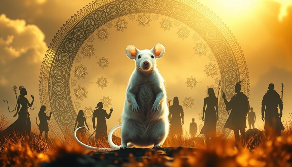 A serene dreamscape unfolds, showcasing the symbolic significance of the white rat across diverse cultures. In the foreground, a majestic white rat stands tall, its piercing gaze conveying a sense of purity and guidance. Surrounding it, intricate patterns and motifs weave together, representing the myriad interpretations of this mystical creature's presence in dreams. The middle ground features silhouettes of various figures, each connected to the white rat's symbolism - from deities and shamans to healers and tricksters. The background is a hazy, ethereal landscape, bathed in a warm, golden light that evokes a sense of spiritual transcendence. The scene is captured through a soft, slightly blurred lens, heightening the dreamlike quality and inviting the viewer to explore the cultural nuances of the white rat's symbolic significance.