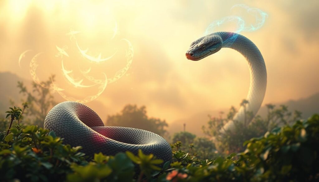 A serene dreamscape unfolds, where a coiled rattlesnake transforms into a majestic, ethereal creature. In the foreground, the snake's scales shimmer with an otherworldly glow, its eyes radiating a profound wisdom. Swirling, colorful energy surrounds the reptile, signifying its connection to the spiritual realm. In the middle ground, a lush, dreamlike landscape emerges, with flourishing foliage and a hazy, soft-focus atmosphere. The background is shrouded in a veil of mist, creating a sense of mystery and introspection. Soft, warm lighting casts a gentle, introspective glow over the entire scene, evoking a sense of personal growth and inner transformation.