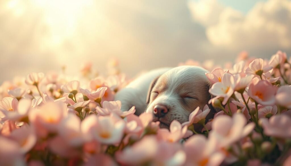 A serene dreamscape unfolds, with a sleeping puppy nestled amidst a field of soft, pastel-colored flowers. Ethereal lighting casts a warm, soothing glow, as wispy clouds drift overhead. The puppy's expression is one of peaceful tranquility, symbolizing new beginnings, vulnerability, and the subconscious desires of the dreamer. The composition is framed with a sense of gentle wonder, inviting the viewer to ponder the deep insights that can be gleaned from the subconscious mind. The scene is captured through a medium-wide lens, with a shallow depth of field that keeps the focus on the puppy's serene slumber.