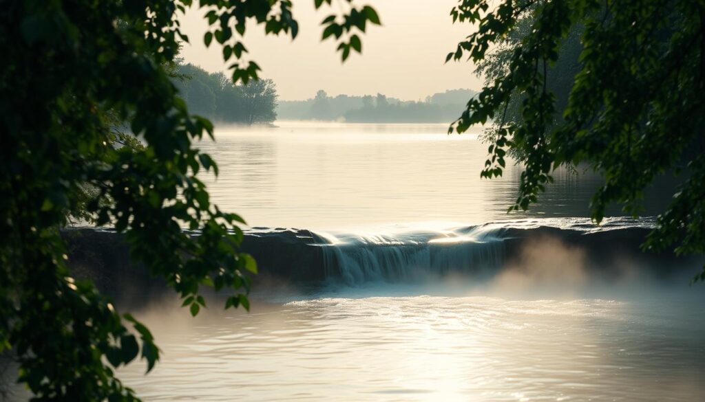 A serene dreamscape unfolds, with a tranquil lake gently overflowing its banks. Lush, verdant foliage frames the scene, casting soft, diffused light across the rippling surface. In the foreground, a subtle mist rises, adding an ethereal quality to the composition. The middle ground features a graceful, flowing waterfall cascading into the expanding pool, its soothing sounds echoing through the tranquil atmosphere. In the distance, a hazy horizon suggests a connection to the boundless subconscious. The overall mood is one of introspection and emotional release, inviting the viewer to reflect on the deeper meaning of this overflowing dream.