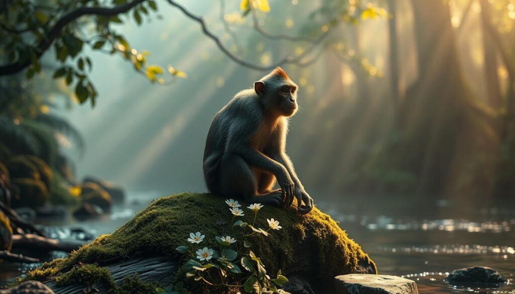 A serene dreamscape where a contemplative monkey sits atop a moss-covered log, surrounded by lush foliage and a tranquil stream. Soft, diffused lighting filters through the canopy, casting a warm, ethereal glow. The monkey's expression is pensive, hinting at the profound significance and symbolism it represents in the viewer's subconscious. In the middle ground, delicate flowers bloom, symbolizing the growth and transformation that can arise from inner reflection. The background showcases a mystical, almost otherworldly forest, evoking a sense of the spiritual and the unknown. The overall composition is balanced and harmonious, inviting the viewer to ponder the deeper meaning and insights hidden within the monkey's dreamlike presence.