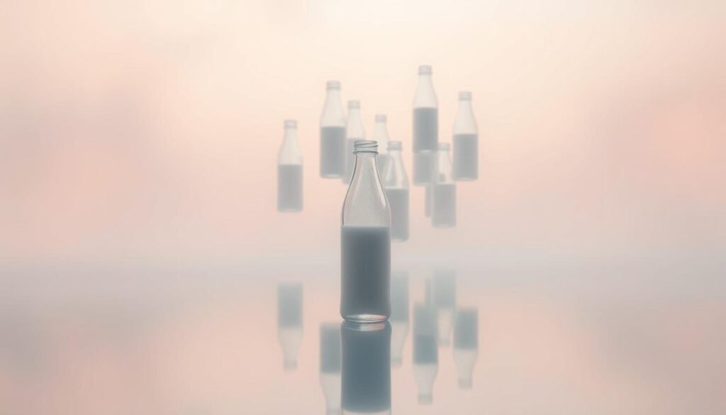 A serene dreamscape where milk bottles float in a hazy, pastel-hued environment. In the foreground, a single milk bottle rests on a reflective surface, casting a soft, ethereal shadow. The middle ground features a cluster of milk bottles drifting lazily, their glass surfaces shimmering with an otherworldly glow. The background is a soft, muted gradient, creating a sense of depth and tranquility. The lighting is soft and diffused, lending a dreamlike quality to the scene. The overall mood is one of tranquility, introspection, and the exploration of subconscious symbolism.