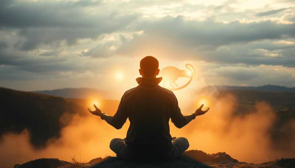 A serene dreamscape where the spiritual essence of killing rats unfolds. In the foreground, a figure meditates, their aura emanating a sense of tranquility and inner awakening. Surrounding them, glowing orbs of light represent the vanquishing of negative energies. The middle ground reveals a shadowy rat form, symbolic of base instincts or buried guilt, dissolving into ethereal wisps. In the distance, a landscape of rolling hills and a clouded sky evokes a realm beyond the physical, imbued with a sense of mysticism. Soft, warm lighting bathes the scene, creating an atmosphere of contemplation and enlightenment. The overall composition conveys the transformative power of confronting and overcoming the spiritual meaning of killing rats in a dream.