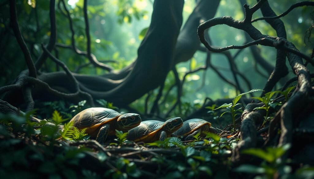 A serene dreamscape with a family of endangered baby turtles nestled in the lush, verdant undergrowth. The hatchlings, their shells a soft mosaic of earthy tones, slumber peacefully under the dappled light filtering through the dense forest canopy. Twisted tree roots and ferns create a protective, womb-like atmosphere, symbolizing the fragility and resilience of these precious creatures. Soft, diffused lighting bathes the scene in a gentle, contemplative glow, evoking a sense of tranquility and the precarious balance of nature. The composition draws the viewer's gaze inward, inviting reflection on the endangered status of these majestic animals and the importance of their survival.