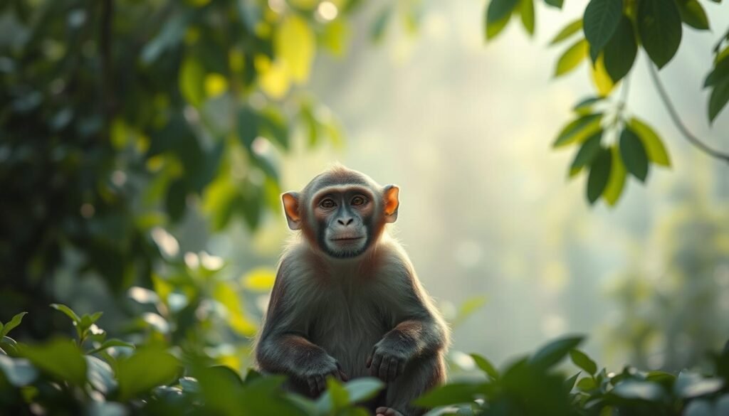 A serene dreamscape with a friendly monkey in the foreground, sitting calmly and gazing at the viewer with a warm, intelligent expression. The monkey is surrounded by lush, verdant foliage in the middle ground, creating a sense of tranquility and connection with nature. In the background, a soft, ethereal light filters through the leaves, casting a dreamy, almost magical atmosphere. The overall scene conveys a sense of peaceful interaction and mutual understanding between the dreamer and the monkey. Soft, diffused lighting and a shallow depth of field create a sense of intimacy and focus on the central subject.