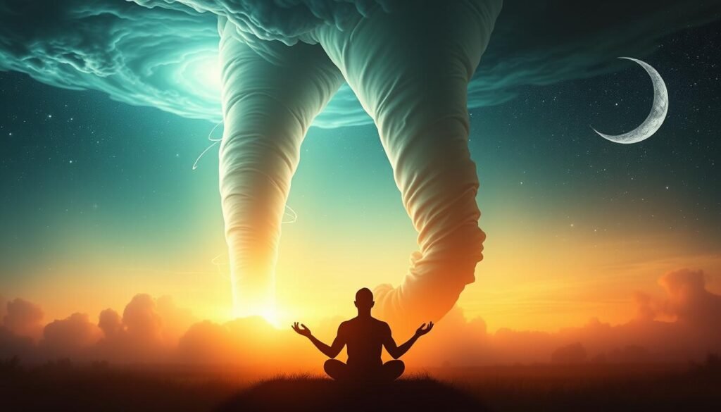 A serene dreamscape with a towering tornado swirling amidst ethereal light. In the foreground, a glowing silhouette of a meditating figure, their hands gently outstretched, emanating a sense of spiritual tranquility. The tornado, a majestic, swirling column of energy, dominates the middle ground, its powerful form casting a hypnotic shadow across the scene. In the background, a celestial landscape unfolds, with shimmering stars and a crescent moon casting a soft, mystical glow. The overall atmosphere is one of introspection, balance, and the transcendence of earthly forces through inner calm and focus.