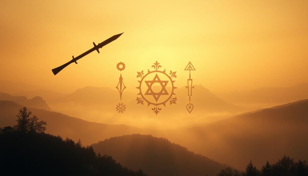 A serene dreamscape with mystical weapon symbols hovering in the foreground, casting ethereal shadows. In the middle ground, ancient sigils and glyphs pulsate with a ethereal energy, hinting at the hidden meanings behind these arcane icons. The background is a soft, muted landscape, infused with a sense of tranquility and introspection, inviting the viewer to ponder the deeper significance of these symbolic representations. Warm, diffused lighting bathes the scene, creating a contemplative, almost hypnotic atmosphere. The composition is balanced and harmonious, guiding the eye through the layers of symbolic imagery.